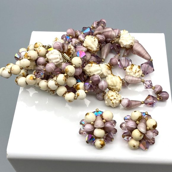 Vintage Fabiola Purple Parure, Triple Strand Beaded Choker and Matching Clip On - Picture 5 of 6